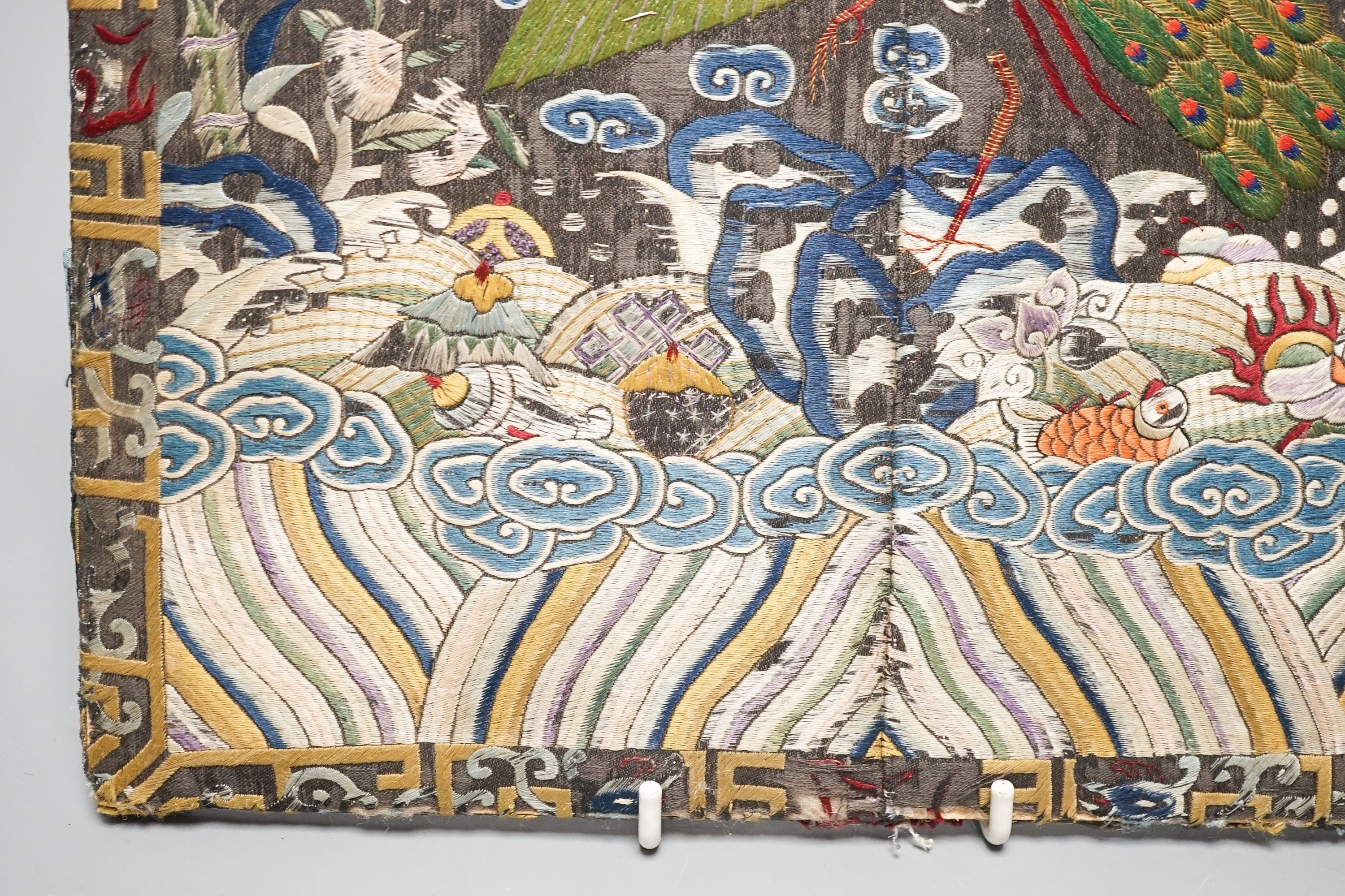 A Chinese embroidered rank badge, late Qing dynasty, later mounted